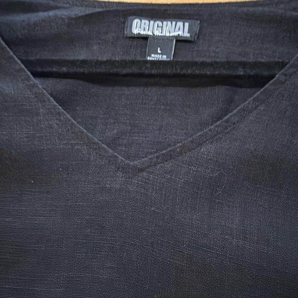 Nicole Miller Original Black Dress Linen Blend Minimalist V-Neck L Pintuck Hem - Picture 6 of 10
